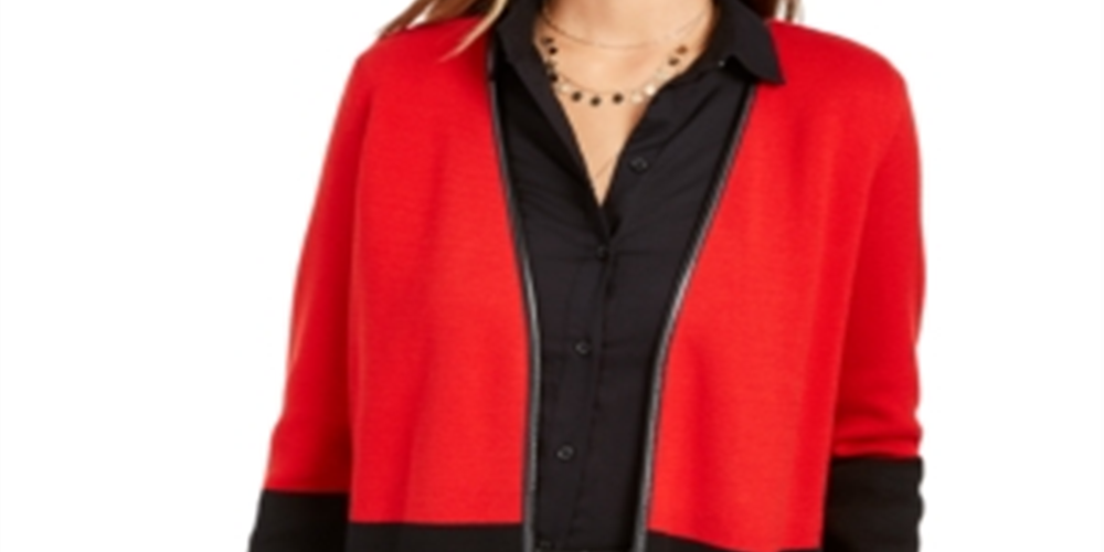 Cardigan feminino Charter Club com acabamento em couro sintético e blocos de cores, vermelho e preto, tamanho pequeno P