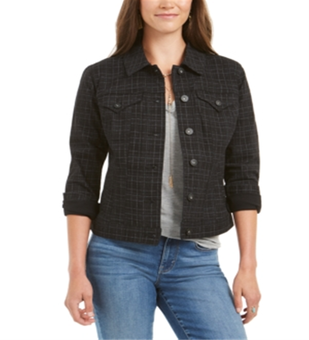 Jaqueta jeans feminina estampada Style &amp; Co, preta, tamanho pequeno P/M