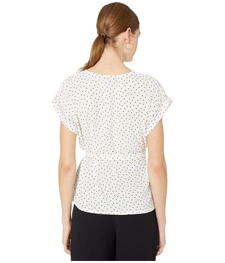 State Women's Short Sleeve Vintage Scatter Dot Tie Waist Blouse White- Size -S