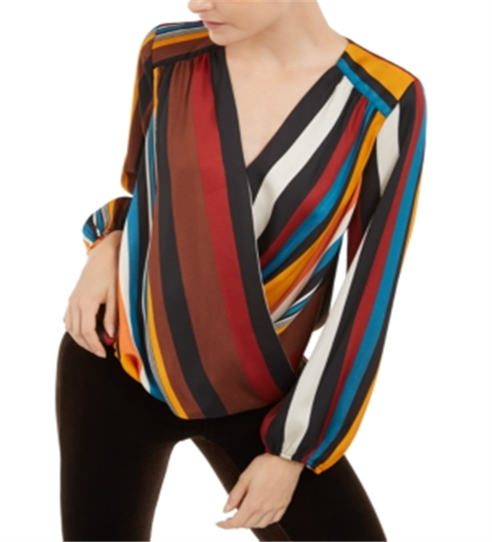 Blusa feminina listrada com decote sobrepeliz INC International Concepts, tamanho pequeno, laranja