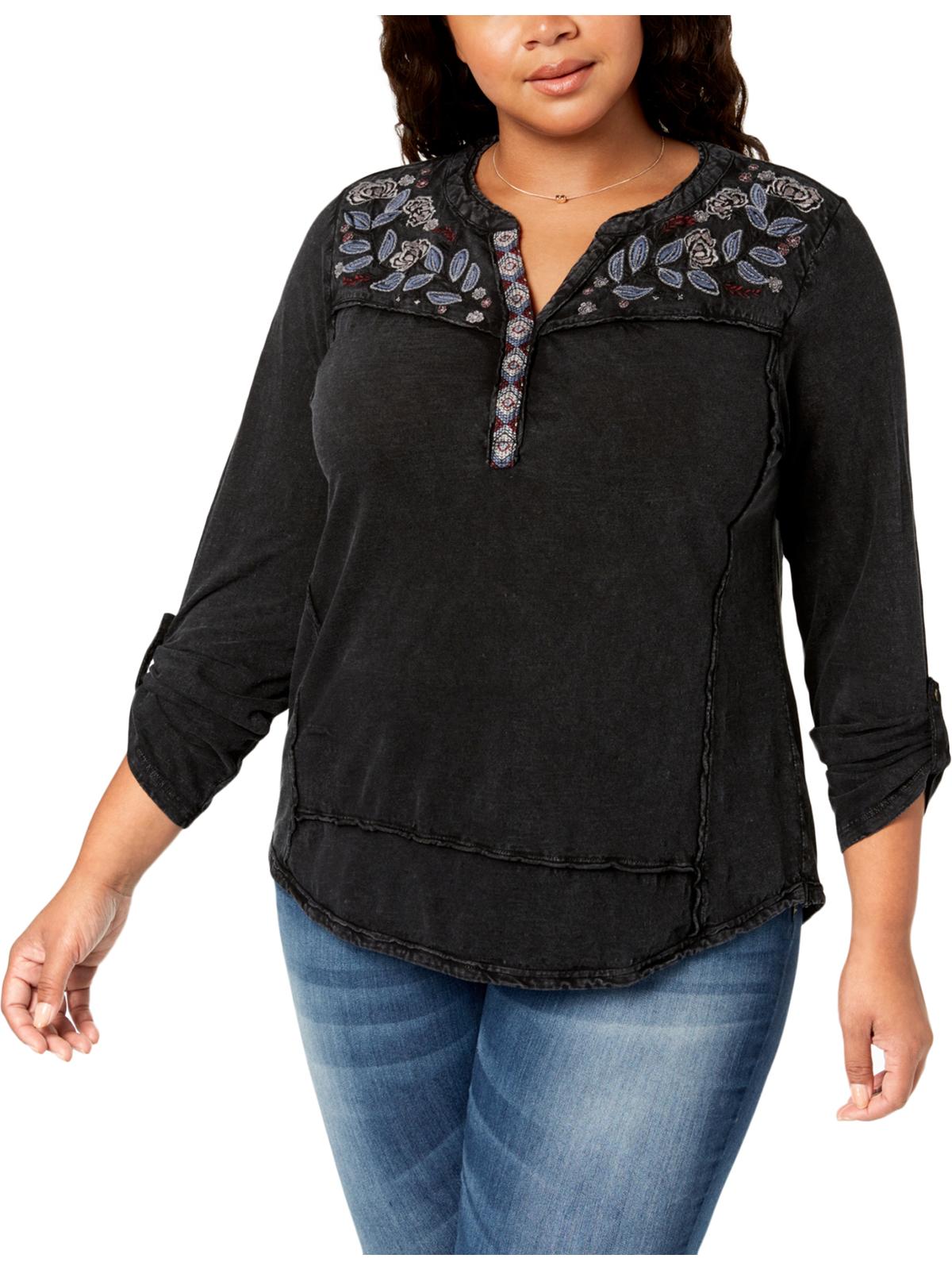 Blusa feminina bordada de algodão plus size Style &amp; Co, preta, tamanho 0X