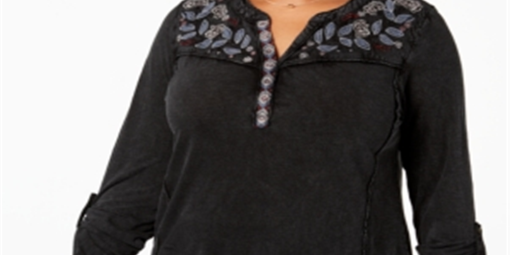 Blusa feminina bordada de algodão plus size Style &amp; Co, preta, tamanho 0X