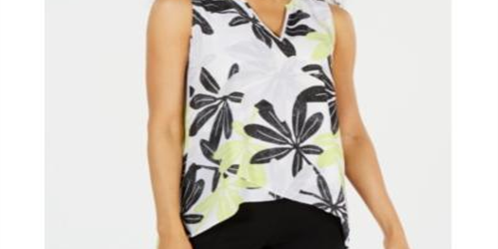 Blusa feminina Alfani com estampa cruzada na frente, folhas brancas/verdes, tamanho pequeno G