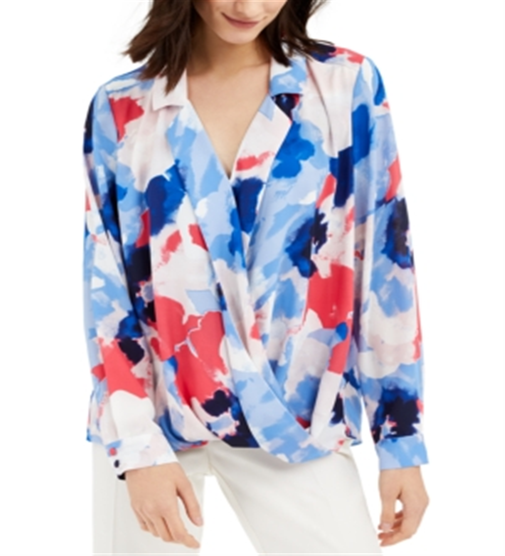 Blusa feminina Alfani com sobrepeliz estampada, azul, tamanho pequeno P