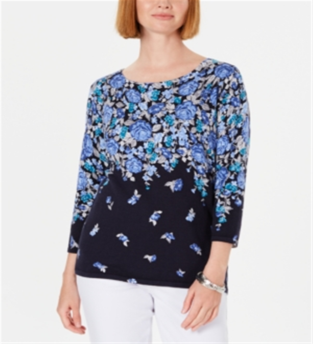 Karen Scott Suéter feminino estampado com manga 3/4 e estampa floral azul tamanho pequeno P