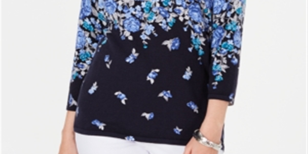 Karen Scott Suéter feminino estampado com manga 3/4 e estampa floral azul tamanho pequeno P