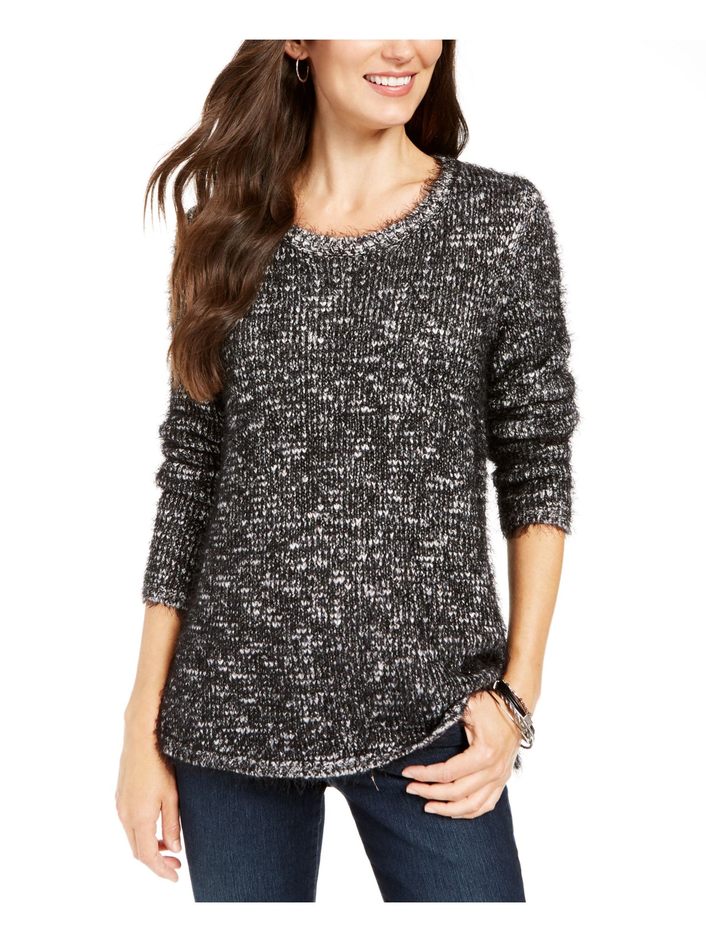 Blusa de noite feminina estampada com manga comprida e gola redonda, preta, tamanho pequeno médio