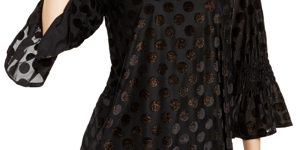 Blusa feminina Alfani preta com bolinhas e manga 3/4, tamanho P, preta, tamanho P