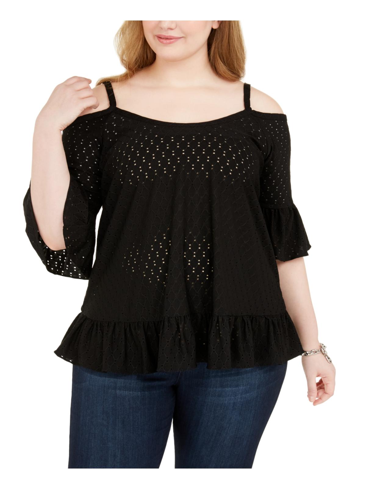 Blusa feminina plus size Michael Kors com ombros descobertos e ilhós, preta, tamanho 2X