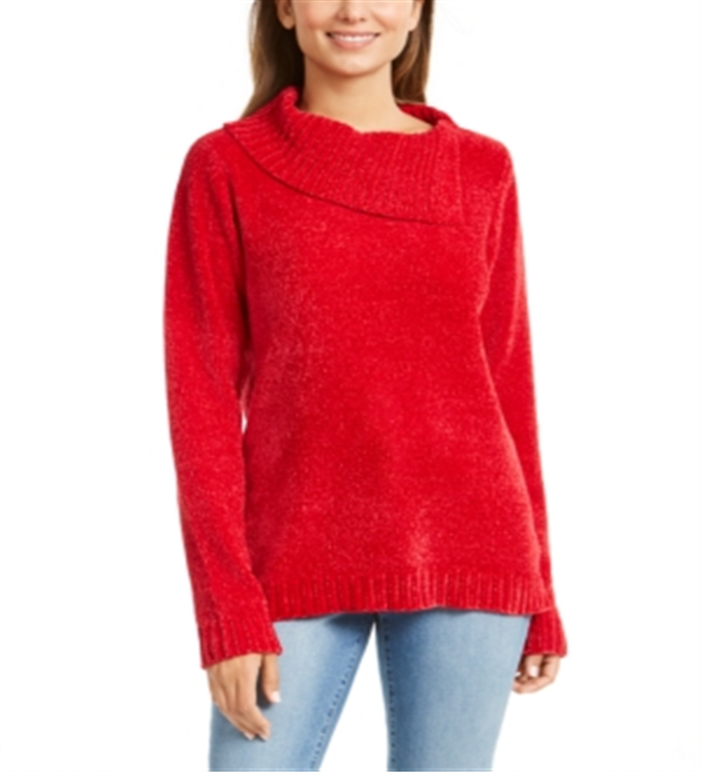 Karen Scott Suéter Feminino Gola Envelope Chenille Vermelho Tamanho Pequeno P/M