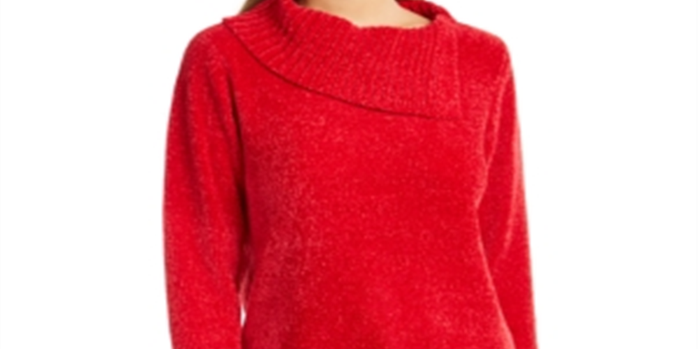 Karen Scott Suéter Feminino Gola Envelope Chenille Vermelho Tamanho Pequeno P/M