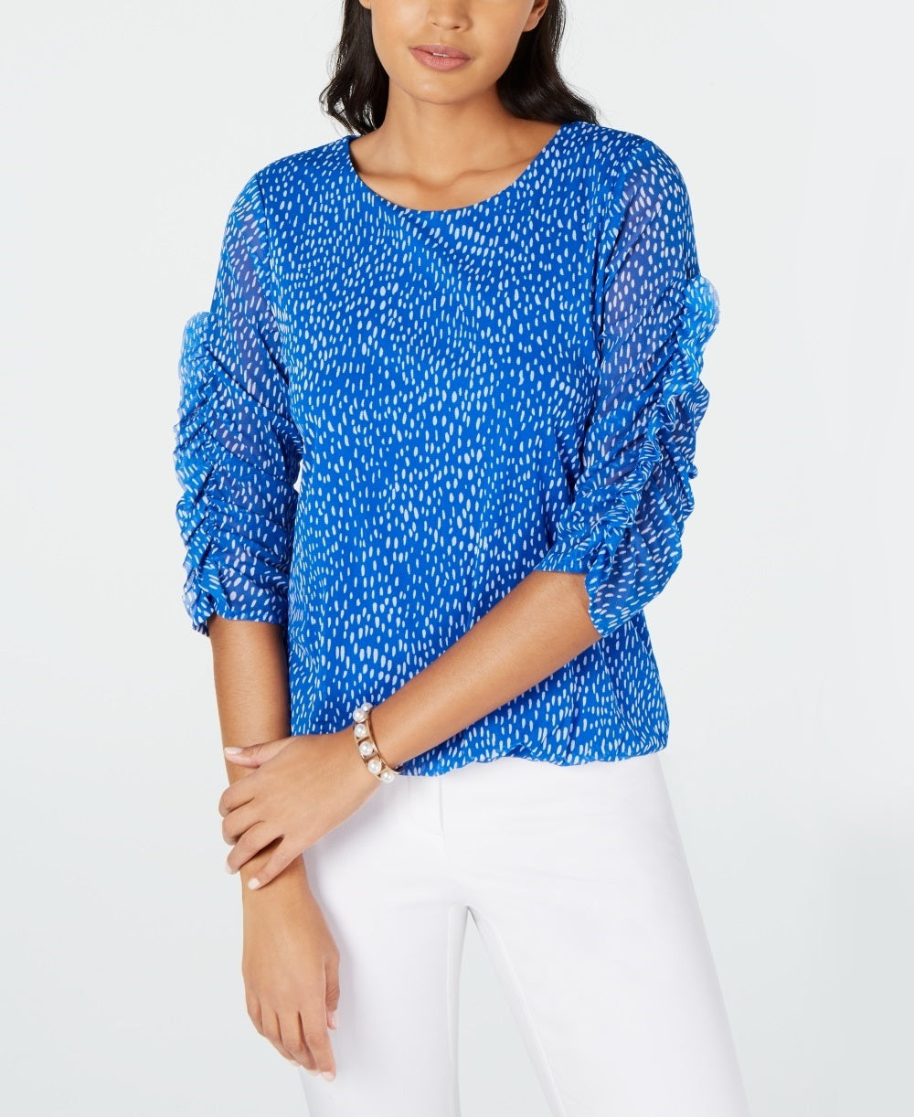 Blusa feminina Alfani com estampa de manga franzida e bolhas em malha, tamanho pequeno e médio, azul