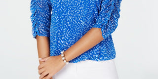 Blusa feminina Alfani com estampa de manga franzida e bolhas em malha, tamanho pequeno e médio, azul