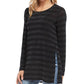 Camiseta feminina Karen Kane com listras brilhantes e gola redonda, manga comprida, tamanho P
