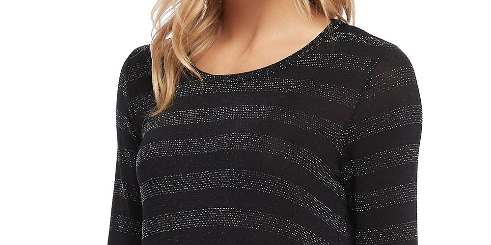 Camiseta feminina Karen Kane com listras brilhantes e gola redonda, manga comprida, tamanho P