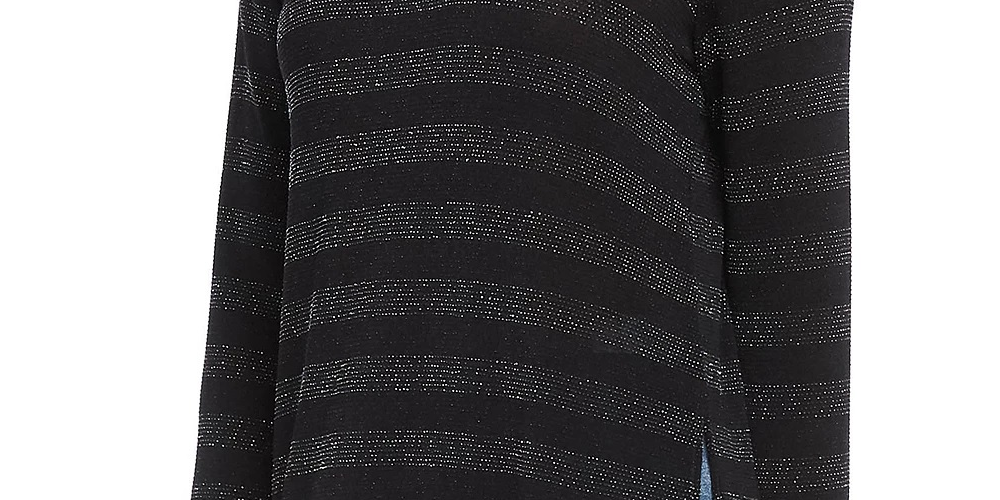 Camiseta feminina Karen Kane com listras brilhantes e gola redonda, manga comprida, tamanho P