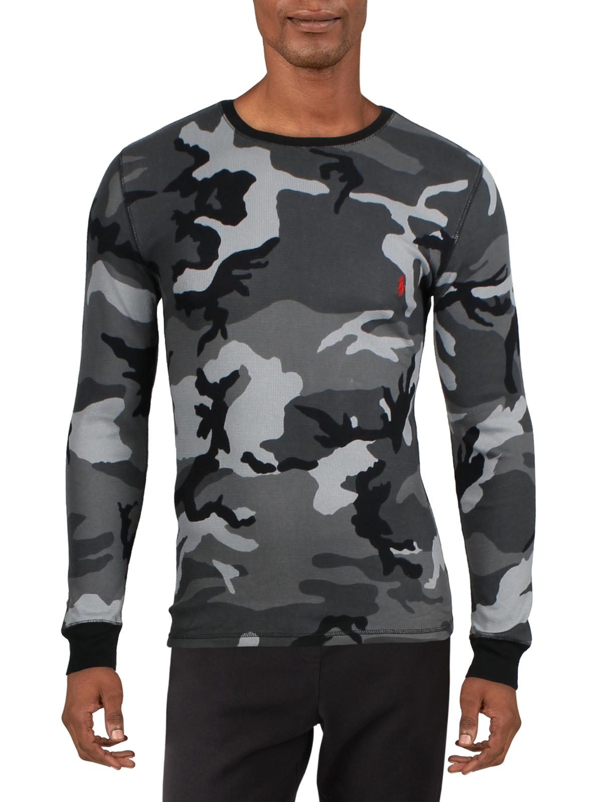 Camisa de pijama térmica Ralph Lauren masculina camuflada em malha waffle, cinza, tamanho médio
