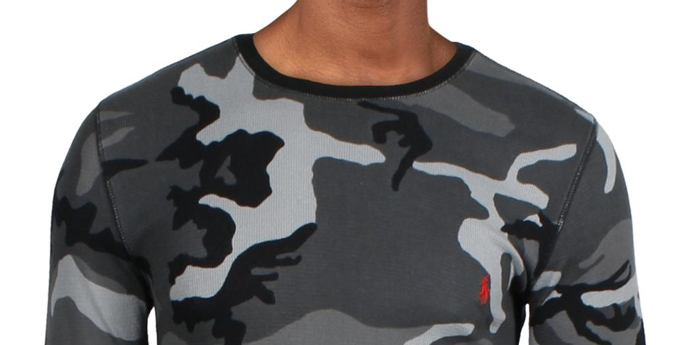 Camisa de pijama térmica Ralph Lauren masculina camuflada em malha waffle, cinza, tamanho médio