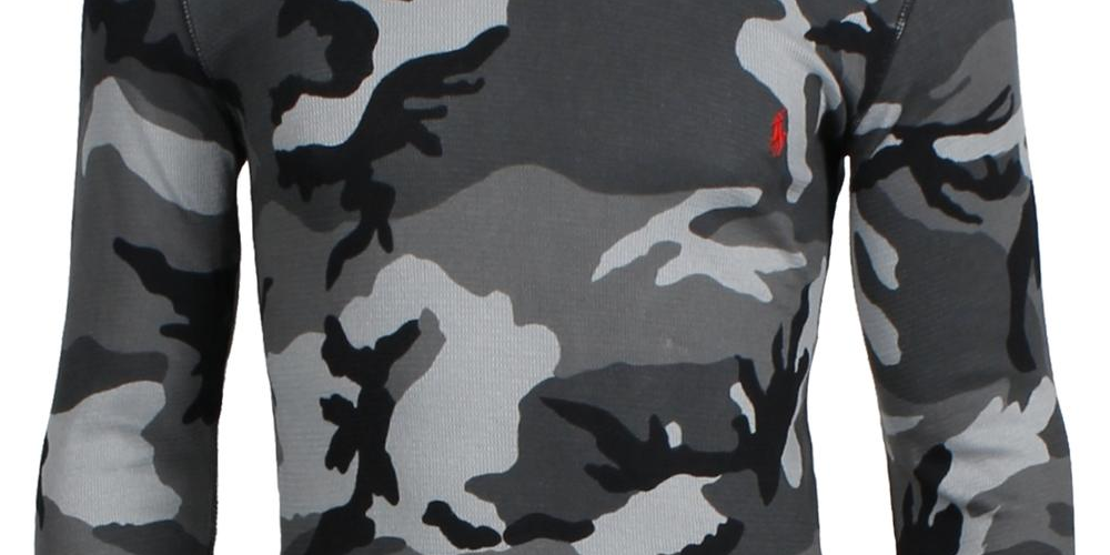 Camisa de pijama térmica Ralph Lauren masculina camuflada em malha waffle, cinza, tamanho médio