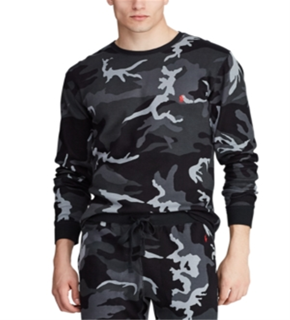 Camisa de pijama térmica Ralph Lauren masculina camuflada em malha waffle, cinza, tamanho médio