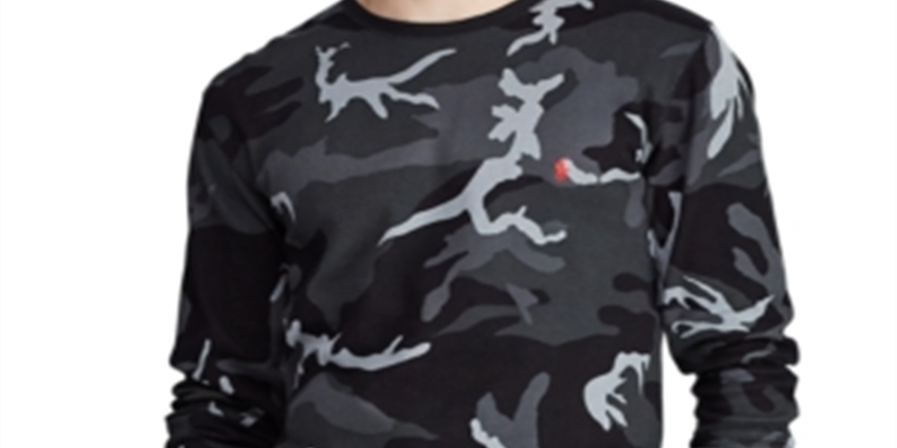 Camisa de pijama térmica Ralph Lauren masculina camuflada em malha waffle, cinza, tamanho médio