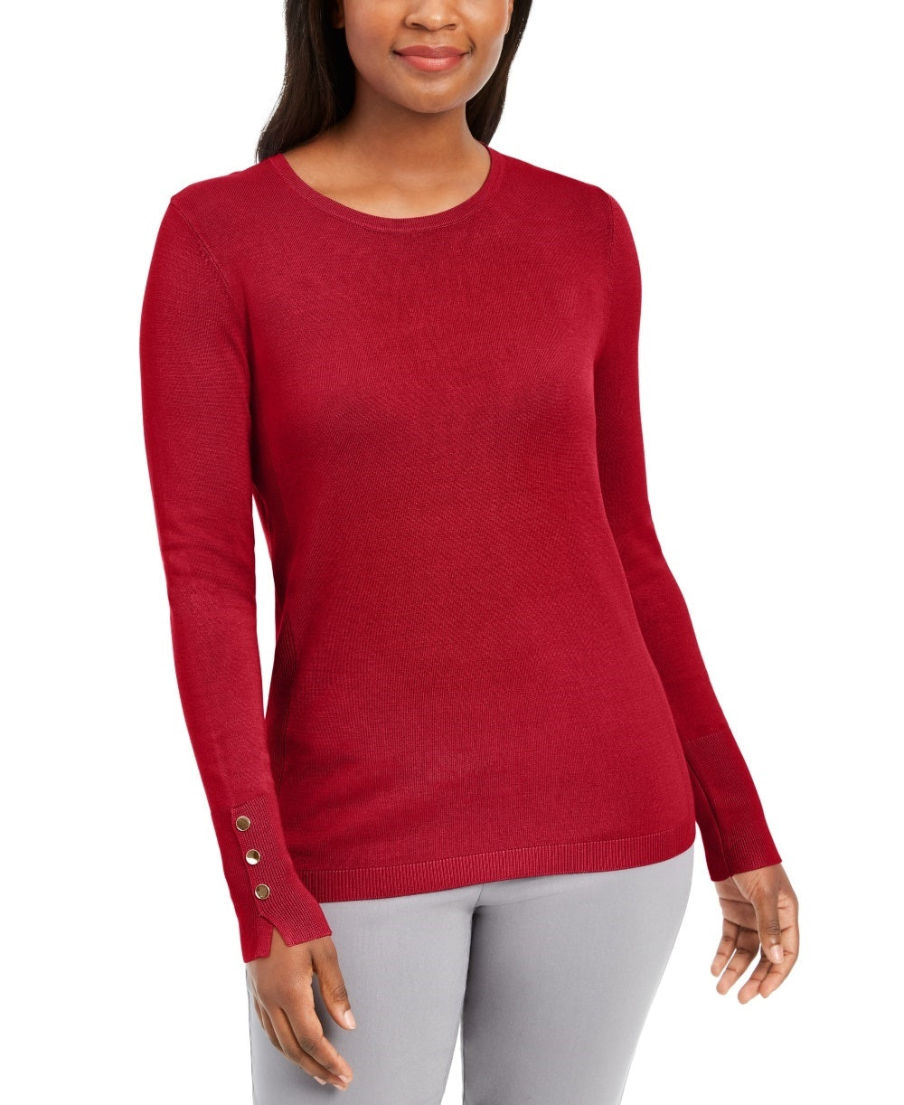 Suéter feminino JM Collection com punho de botão e gola redonda, vermelho, tamanho XX-G