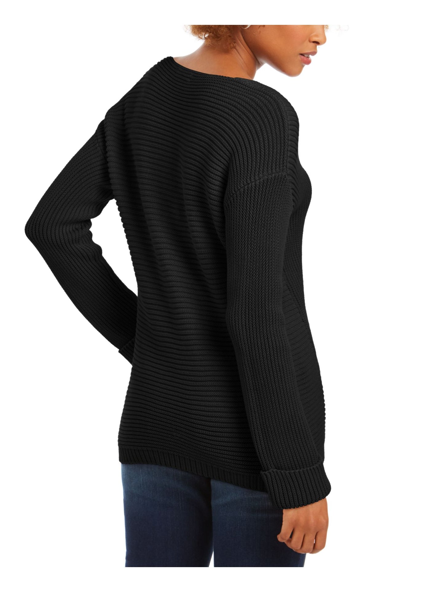 Camiseta feminina lisa de manga comprida com decote em V, preta, tamanho pequeno grande