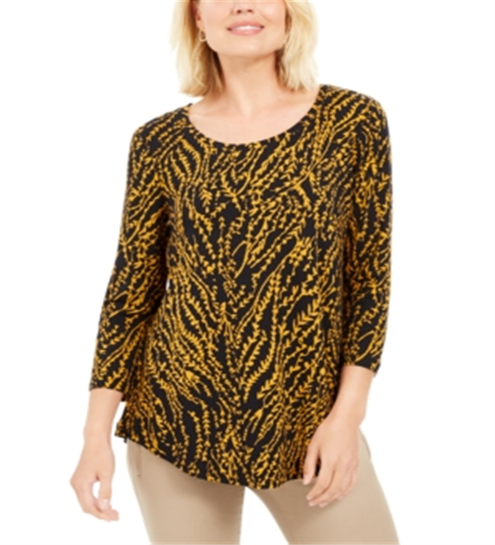 Blusa feminina com estampa floral JM Collection, preta e dourada, tamanho pequeno G