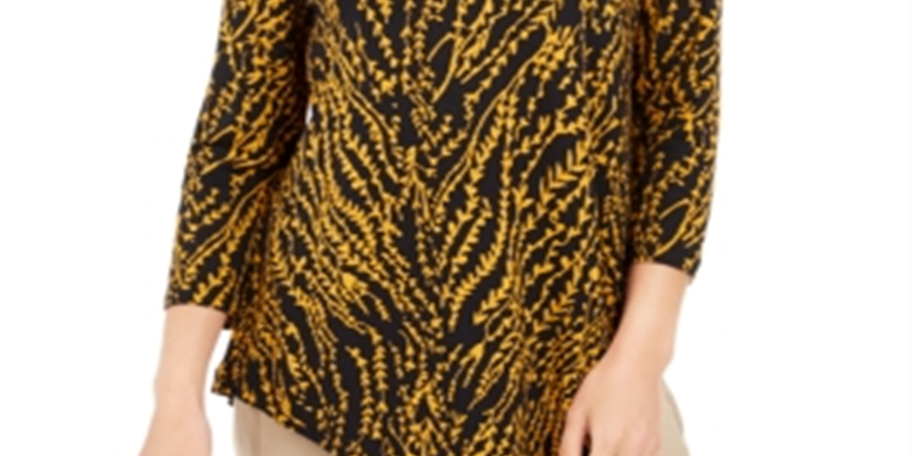 Blusa feminina com estampa floral JM Collection, preta e dourada, tamanho pequeno G