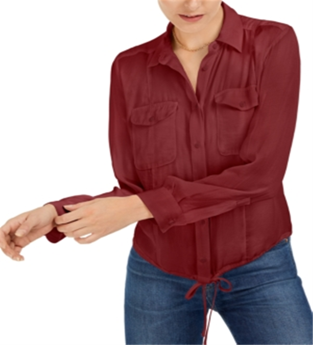 Blusa feminina Bar III com botões frontais e bainha amarrada, bronze, tamanho P