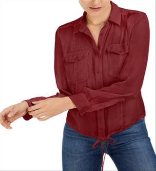 Blusa feminina Bar III com botões frontais e bainha amarrada, bronze, tamanho P