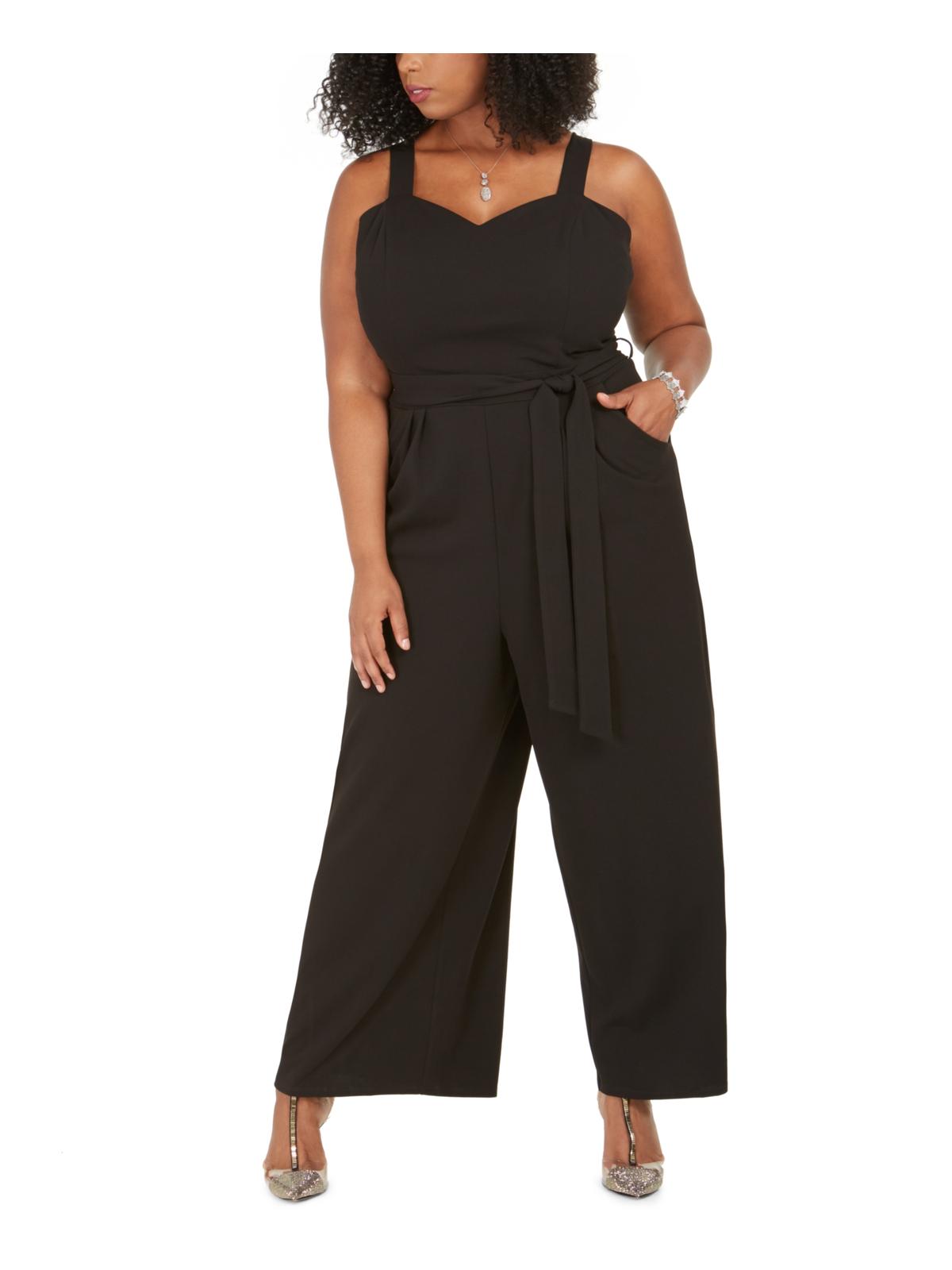 Macacão feminino plus size Emerald Sundae com decote coração e sem mangas, preto, tamanho 22