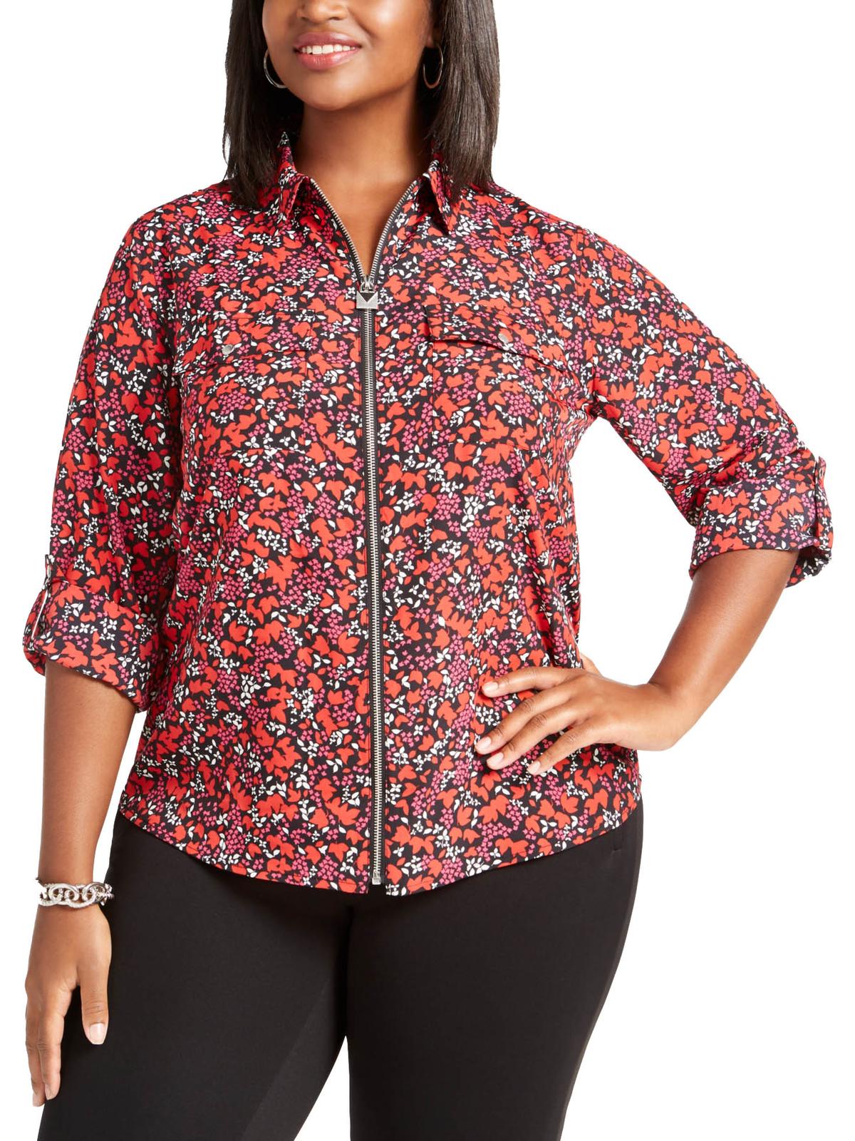 Blusa feminina Michael Kors Woodland Leaf estampada com zíper frontal vermelha tamanho 0X