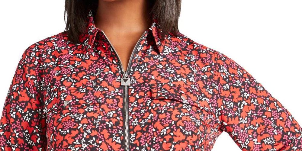 Blusa feminina Michael Kors Woodland Leaf estampada com zíper frontal vermelha tamanho 0X