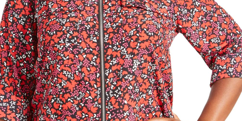 Blusa feminina Michael Kors Woodland Leaf estampada com zíper frontal vermelha tamanho 0X