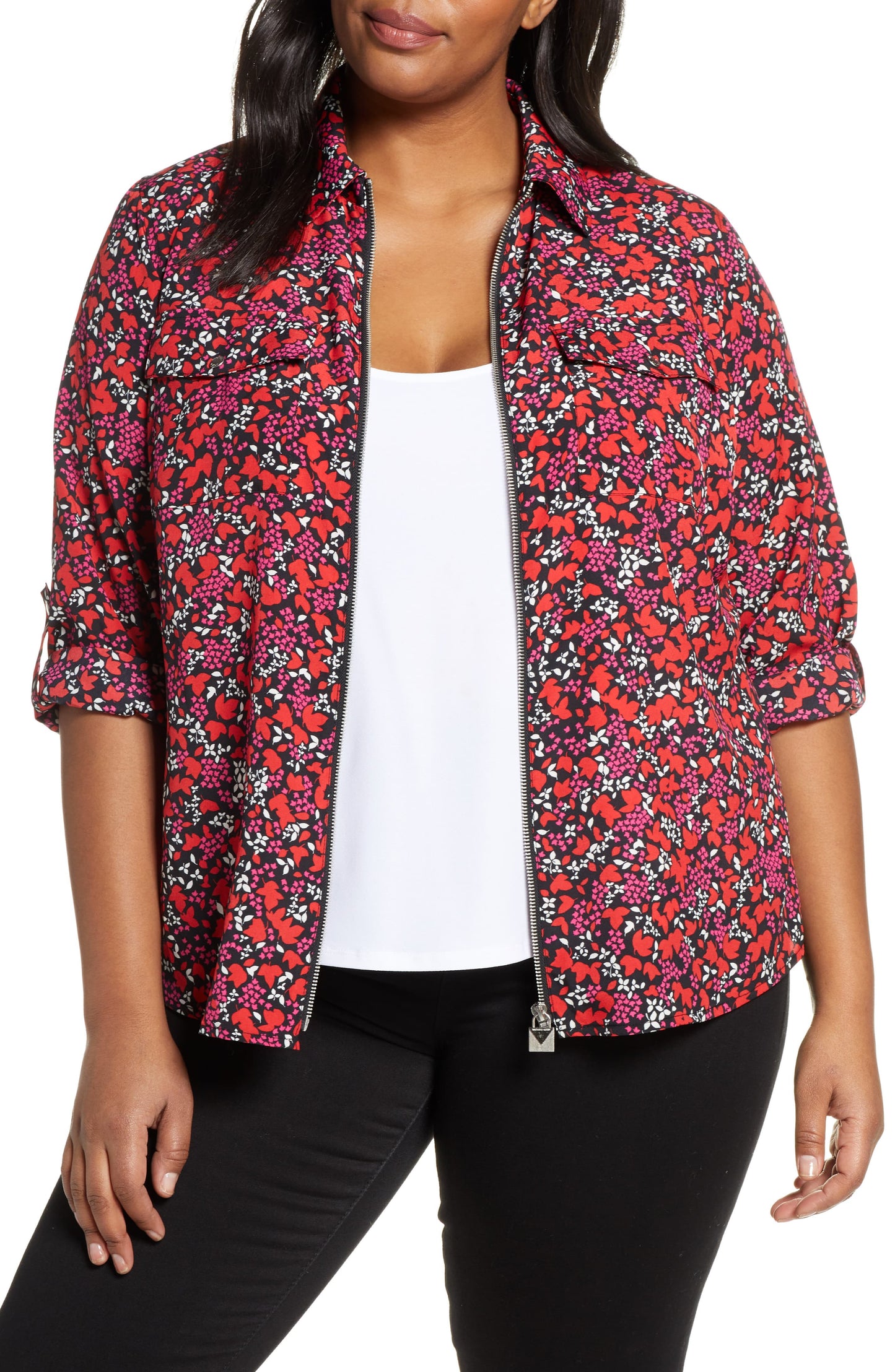 Blusa feminina Michael Kors Woodland Leaf estampada com zíper frontal vermelha tamanho 0X