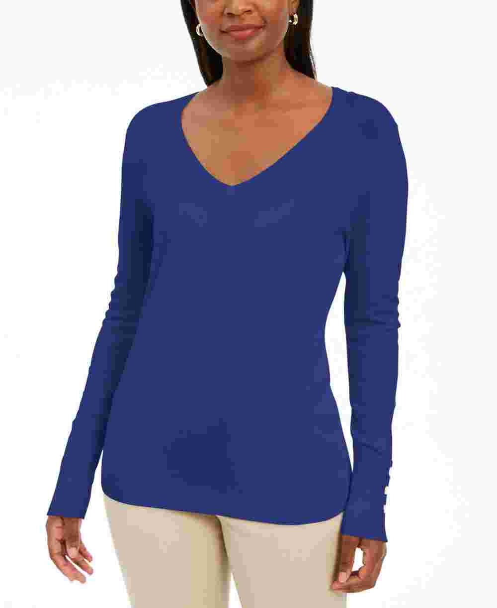 JM Collection Suéter Feminino com Punhos e Botões e Gola V Azul Tamanho Médio