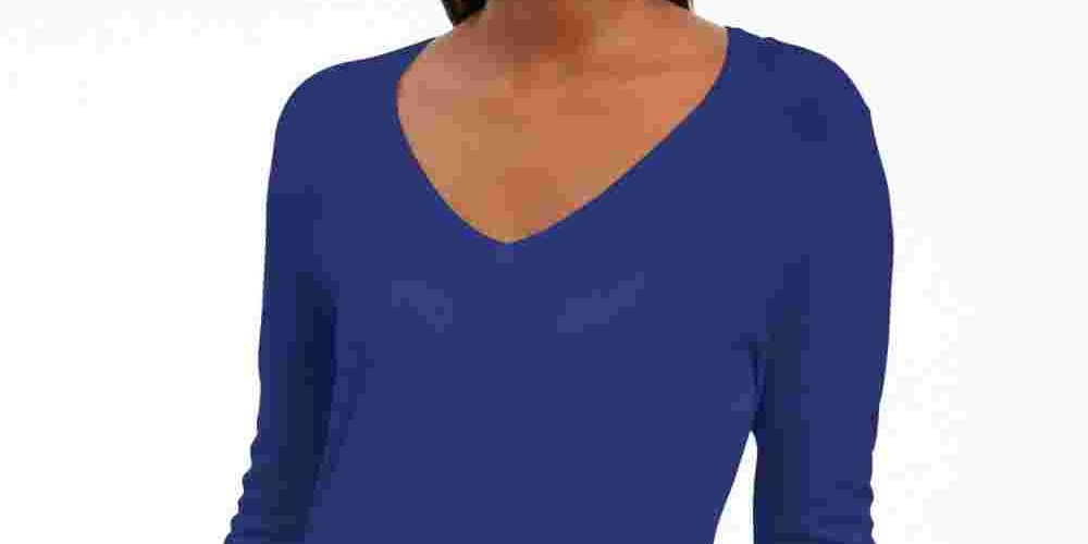 JM Collection Suéter Feminino com Punhos e Botões e Gola V Azul Tamanho Médio