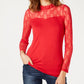 Blusa feminina INC International Concepts com decote ilusão e renda lisa, manga comprida, vermelha, tamanho pequeno grande