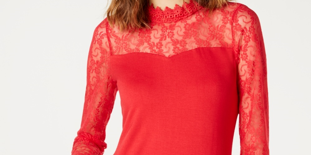 Blusa feminina INC International Concepts com decote ilusão e renda lisa, manga comprida, vermelha, tamanho pequeno grande