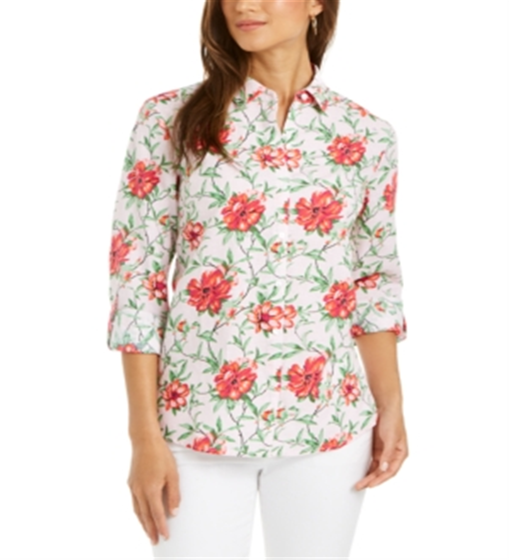 Charter Club Top feminino com estampa frontal de botões e mangas bufantes, floral rosa, tamanho pequeno P