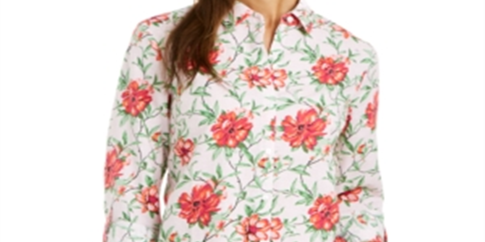 Charter Club Top feminino com estampa frontal de botões e mangas bufantes, floral rosa, tamanho pequeno P