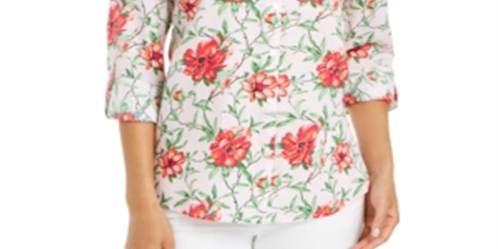 Charter Club Top feminino com estampa frontal de botões e mangas bufantes, floral rosa, tamanho pequeno P