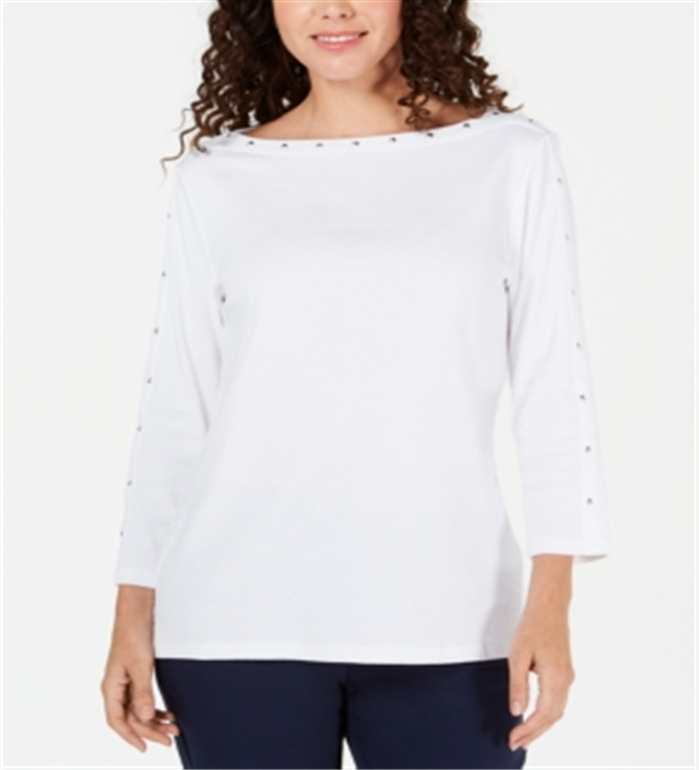 Karen Scott Blusa feminina de algodão com decote canoa e tachas, branca, tamanho pequeno GG