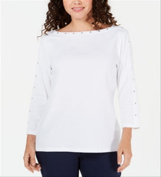 Karen Scott Blusa feminina de algodão com decote canoa e tachas, branca, tamanho pequeno GG