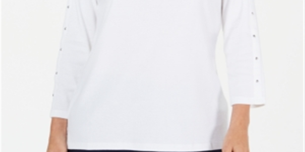 Karen Scott Blusa feminina de algodão com decote canoa e tachas, branca, tamanho pequeno GG