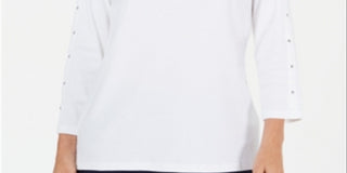 Karen Scott Blusa feminina de algodão com decote canoa e tachas, branca, tamanho pequeno GG