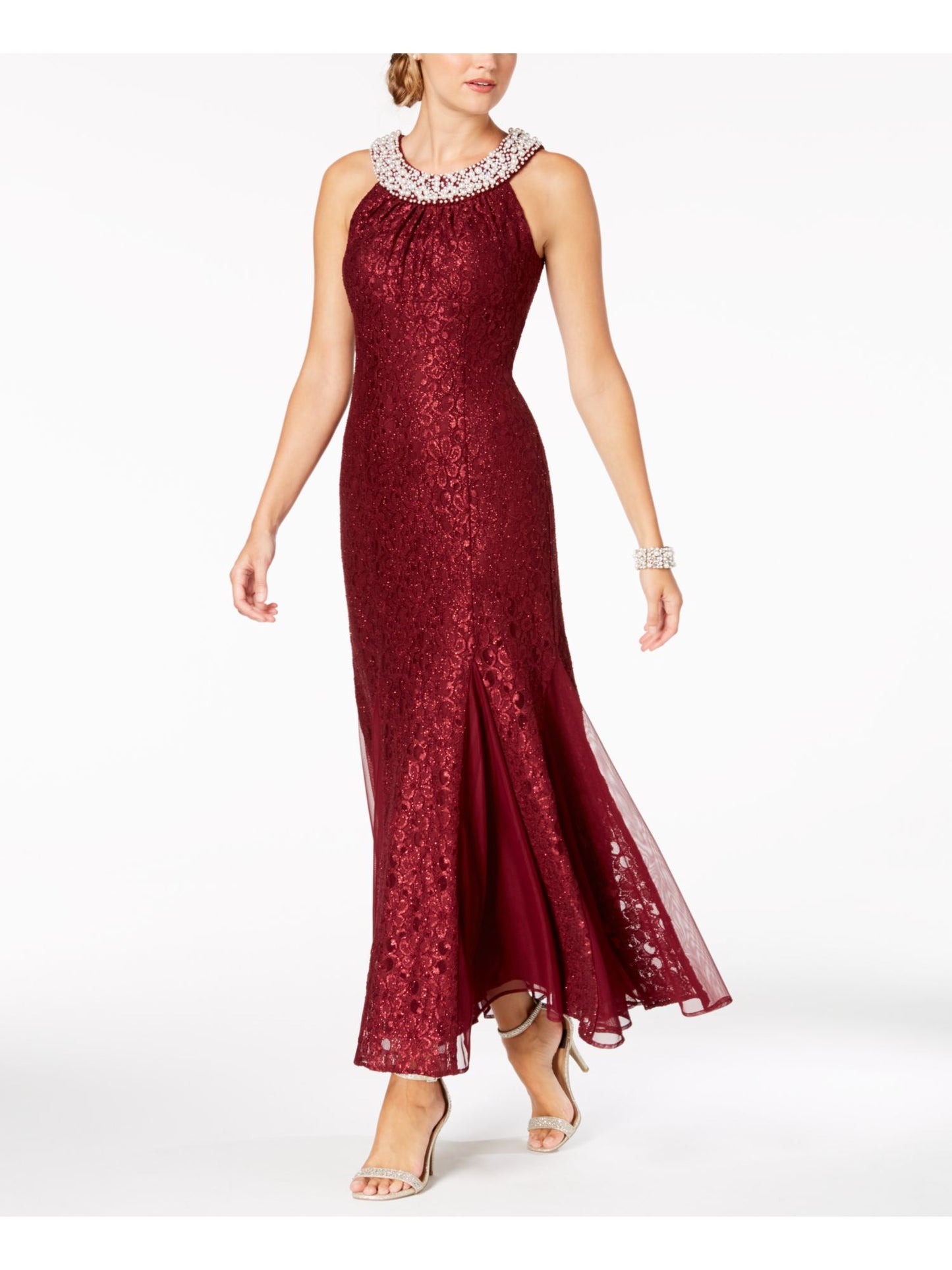 Vestido de noite feminino R &amp; M Richards com detalhes em renda, cor Winestone, tamanho 8