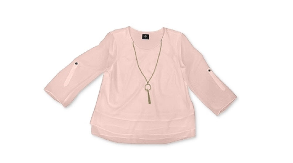 JM Collection Blusa feminina com mangas dobradas e colar rosa tamanho grande