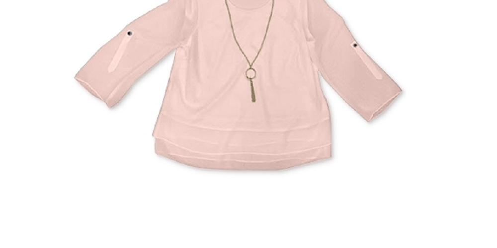 JM Collection Blusa feminina com mangas dobradas e colar rosa tamanho grande